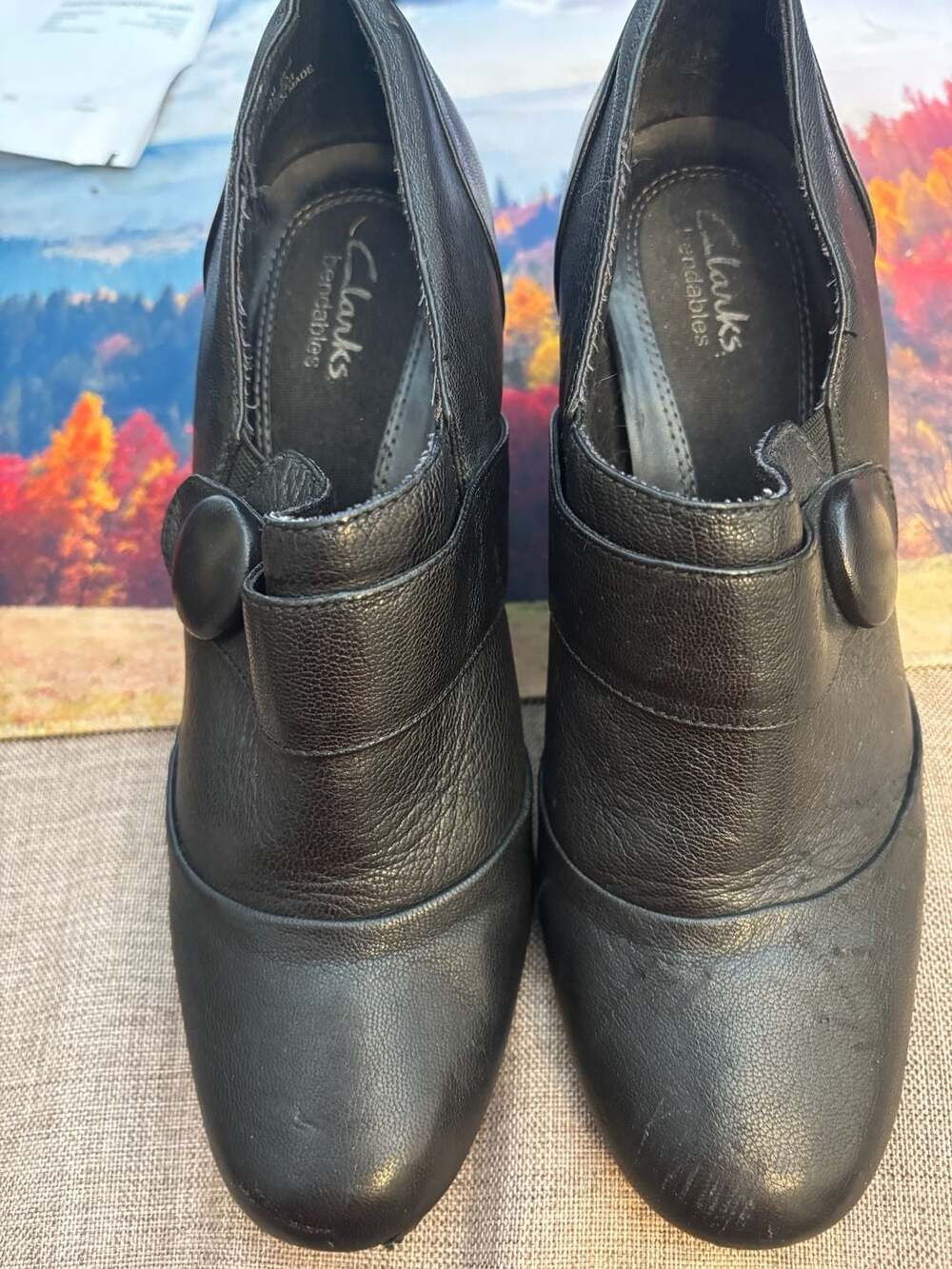 Clarks Bendables Black Leather Slip-On Ankle Bootie Heels with Button Detail
